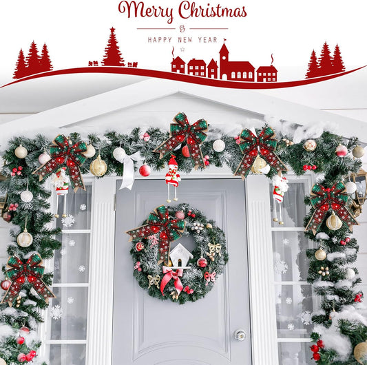 10 Piece 6 Inch Buffalo Plaid Burlap Christmas Wreaths Bows Ornaments for Tree Wreaths Garland - Red Green Snow Plaid