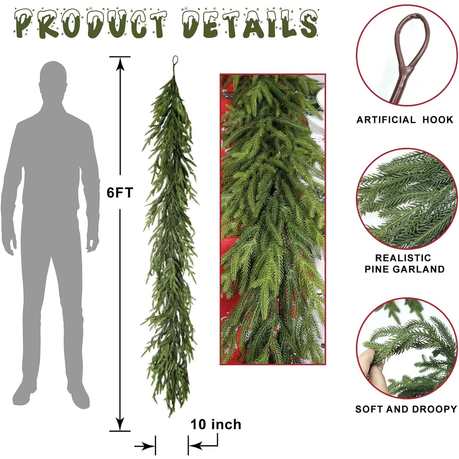 6 Ft Realistic Christmas Garland,Natural Droopy,Soft Bendable Garland Christmas Decorations, Lifelike Cedar Garland,Mantle Garland Christmas,Christmas Greenery Garland Thanksgiving Decorations Indoor