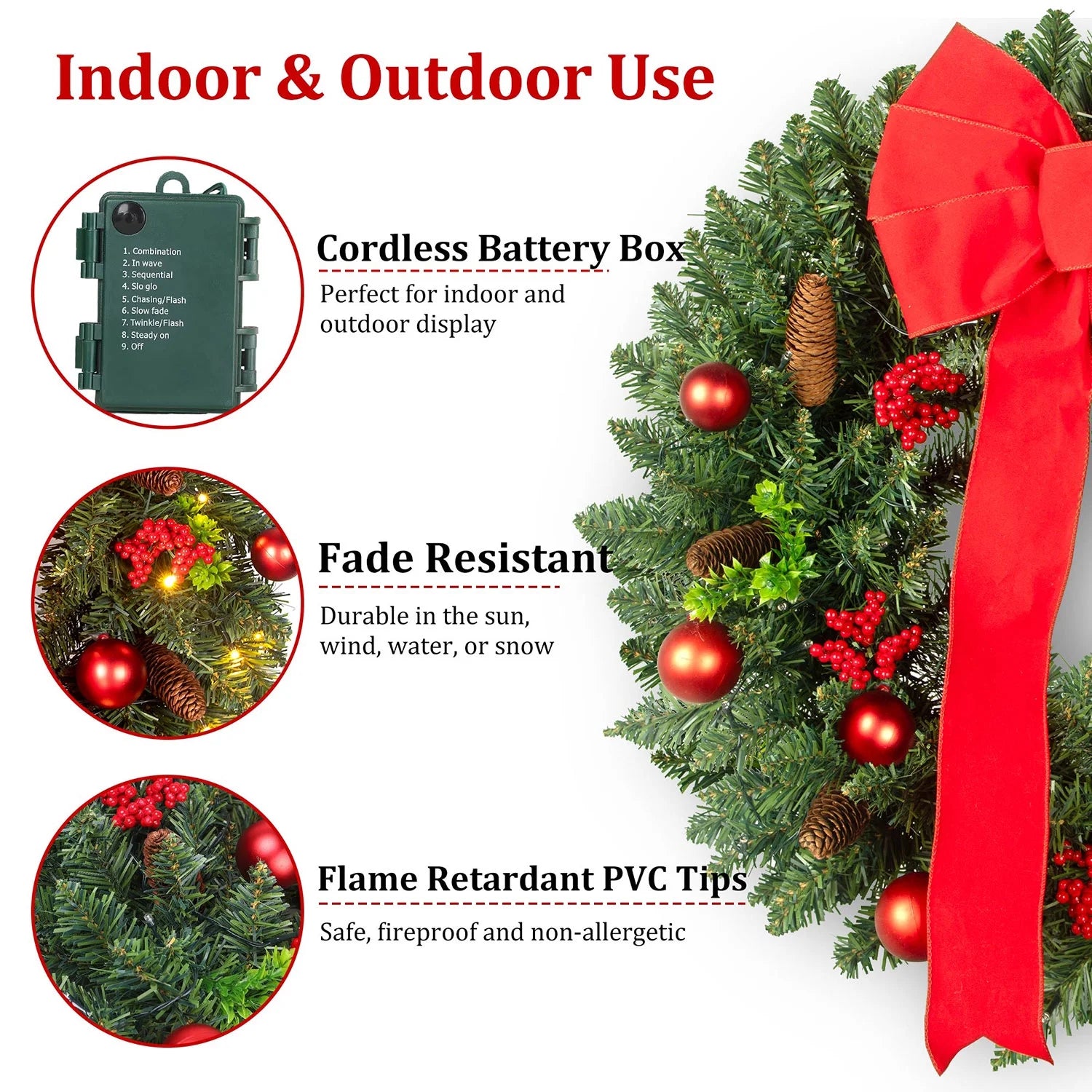 24In Pre-Lit Christmas Wreaths for Front Door, Posrue Indoor Outdoor Christmas Decorations Artificial PVC Wreaths with Lights &Timer, Green