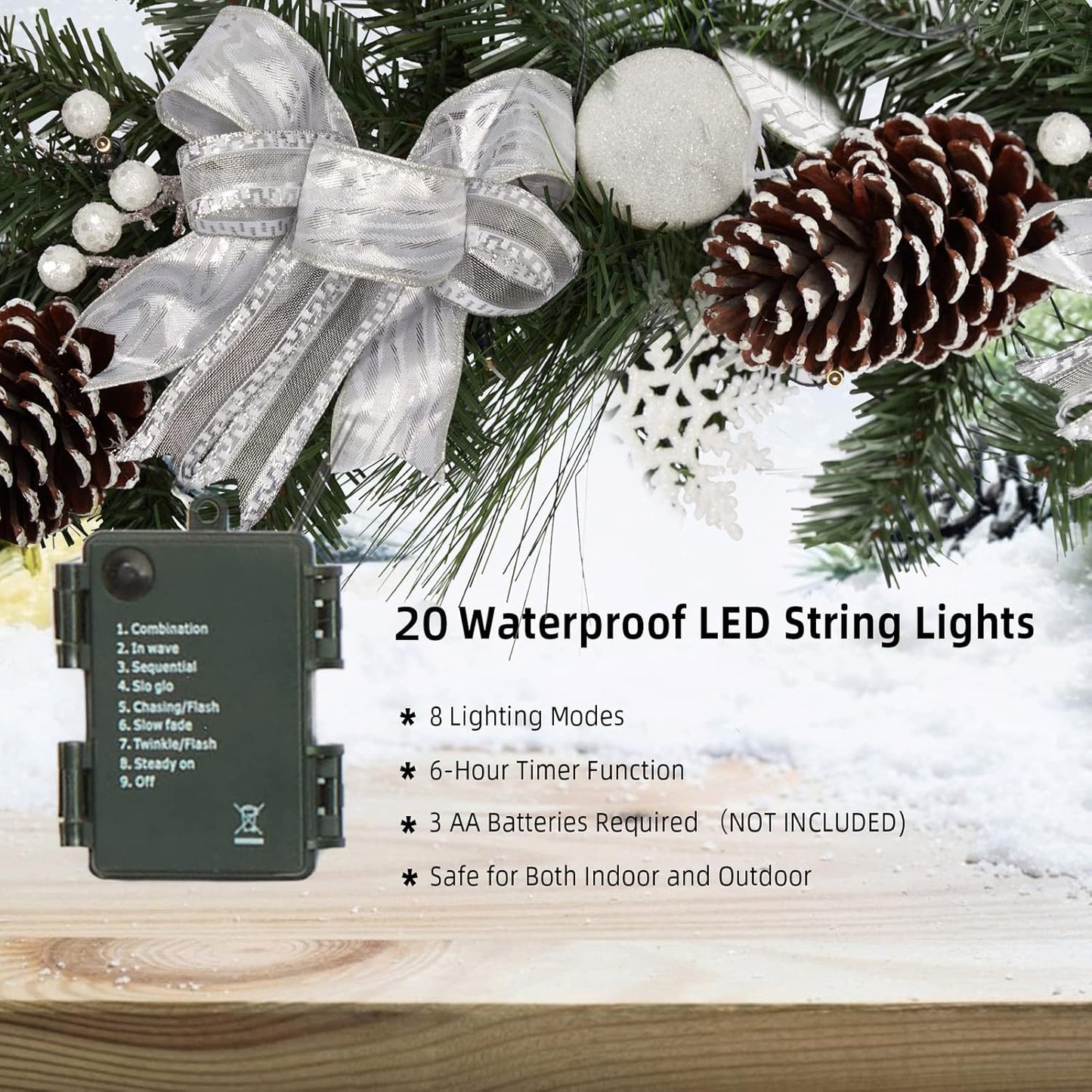 Christmas Garland with Lights, 6 Ft Pre-Lit Silver White Christmas Garland with Ball Ornaments Pine Cones Berries Battery Operated Lights for Indoor Outdoor Fireplace Staircase Decoration