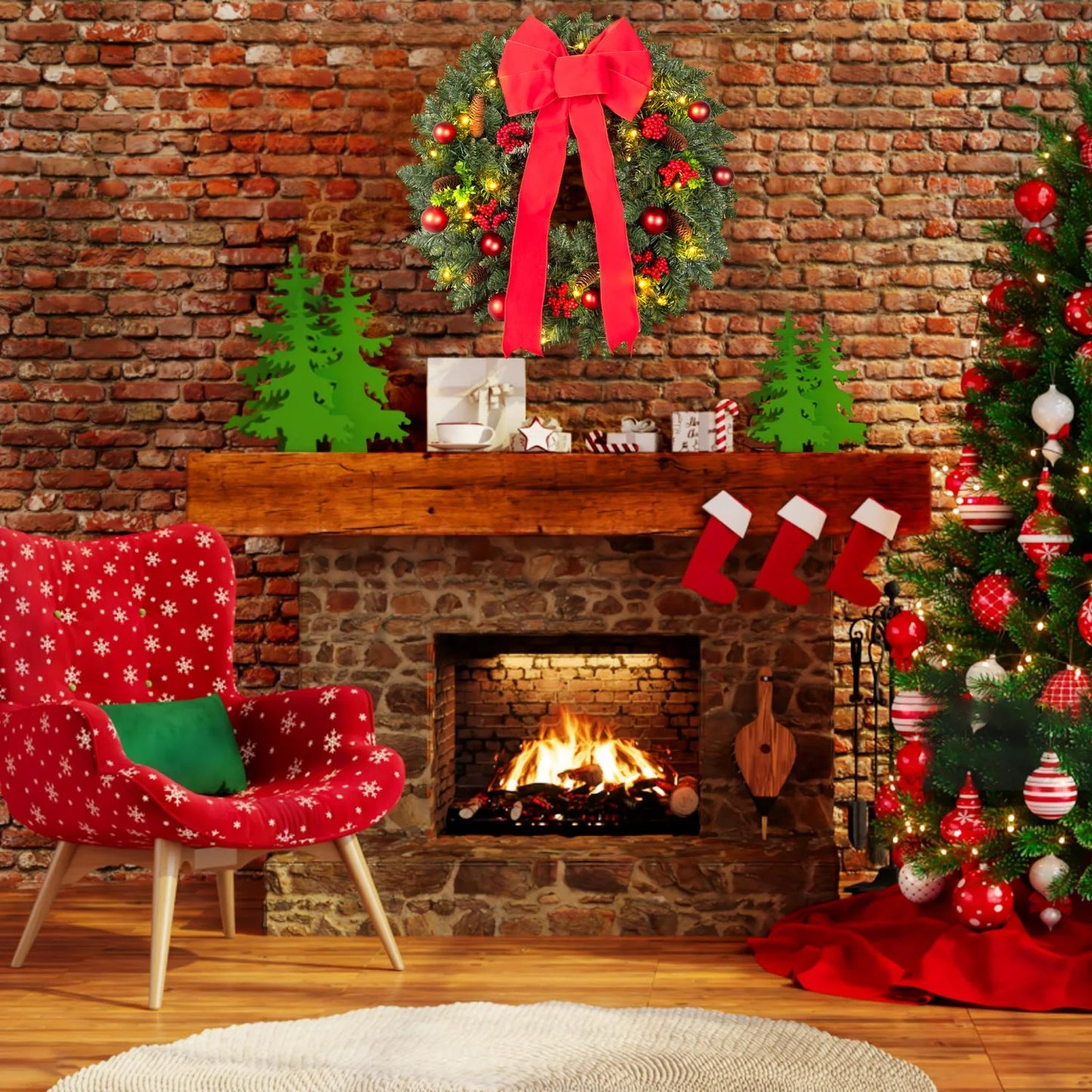 24In Pre-Lit Christmas Wreaths for Front Door, Posrue Indoor Outdoor Christmas Decorations Artificial PVC Wreaths with Lights &Timer, Green