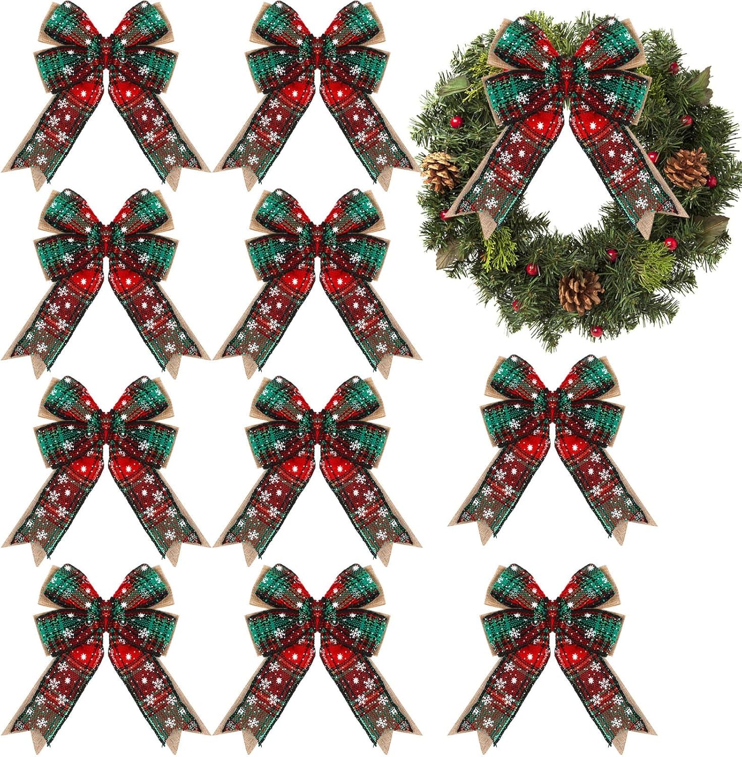 10 Piece 6 Inch Buffalo Plaid Burlap Christmas Wreaths Bows Ornaments for Tree Wreaths Garland - Red Green Snow Plaid