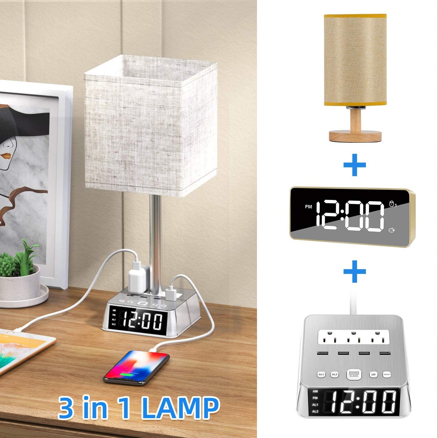 Table Lamp, 4 USB Ports Lamp - AC Power Outlets, Alarm Clock DC-THE CEO