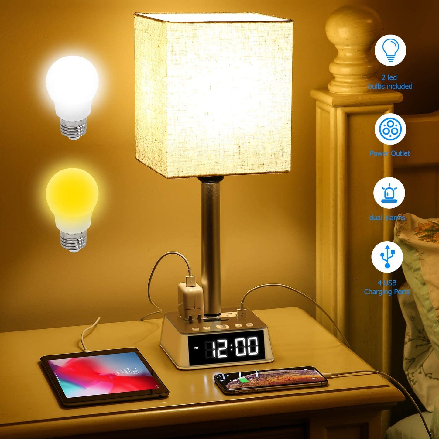 Table Lamp, 4 USB Ports Lamp - AC Power Outlets, Alarm Clock DC-THE CEO