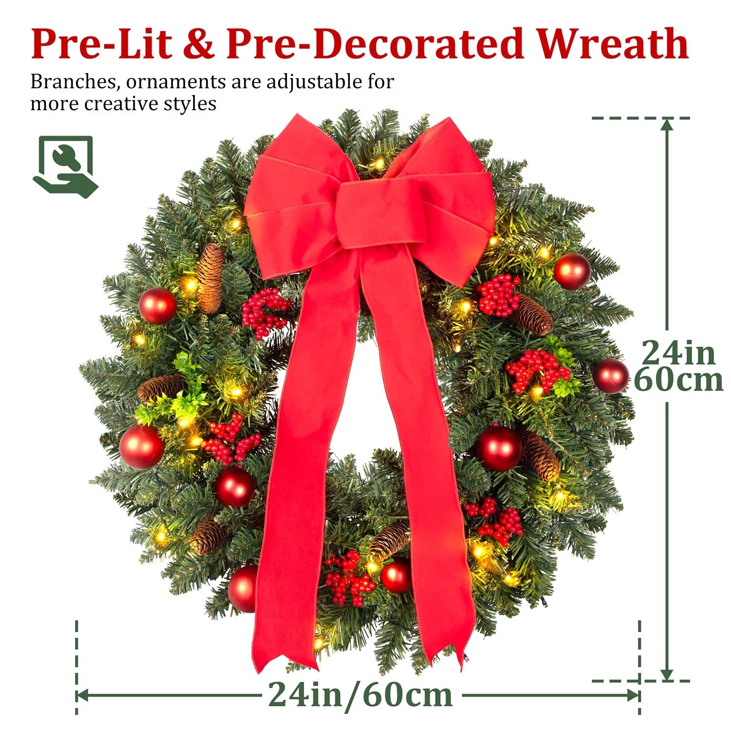 24In Pre-Lit Christmas Wreaths for Front Door, Posrue Indoor Outdoor Christmas Decorations Artificial PVC Wreaths with Lights &Timer, Green