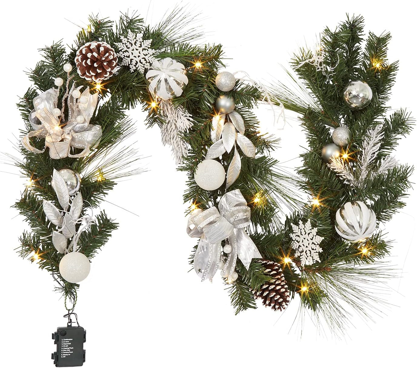 Christmas Garland with Lights, 6 Ft Pre-Lit Silver White Christmas Garland with Ball Ornaments Pine Cones Berries Battery Operated Lights for Indoor Outdoor Fireplace Staircase Decoration