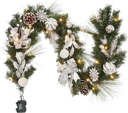 Christmas Garland with Lights, 6 Ft Pre-Lit Silver White Christmas Garland with Ball Ornaments Pine Cones Berries Battery Operated Lights for Indoor Outdoor Fireplace Staircase Decoration