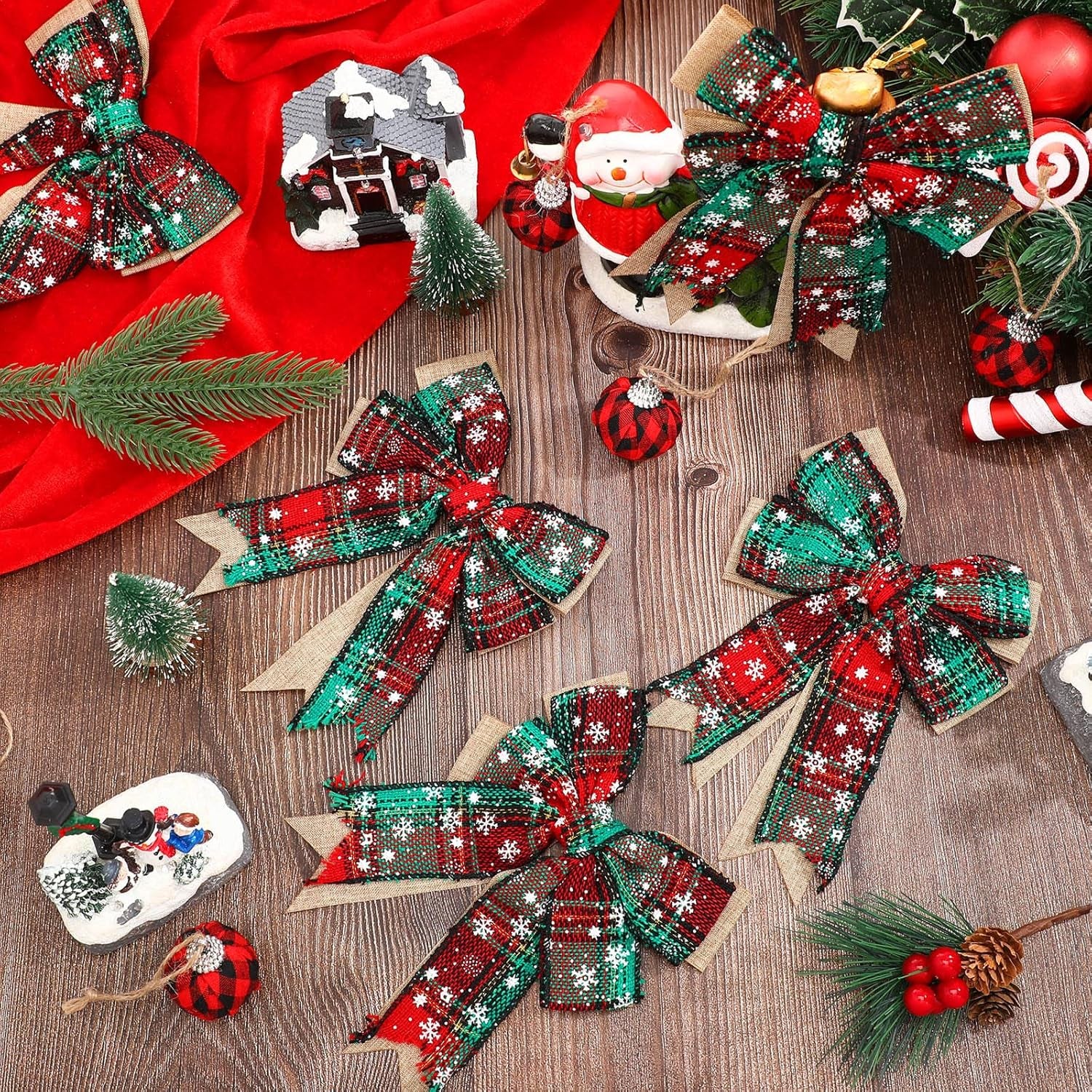 10 Piece 6 Inch Buffalo Plaid Burlap Christmas Wreaths Bows Ornaments for Tree Wreaths Garland - Red Green Snow Plaid