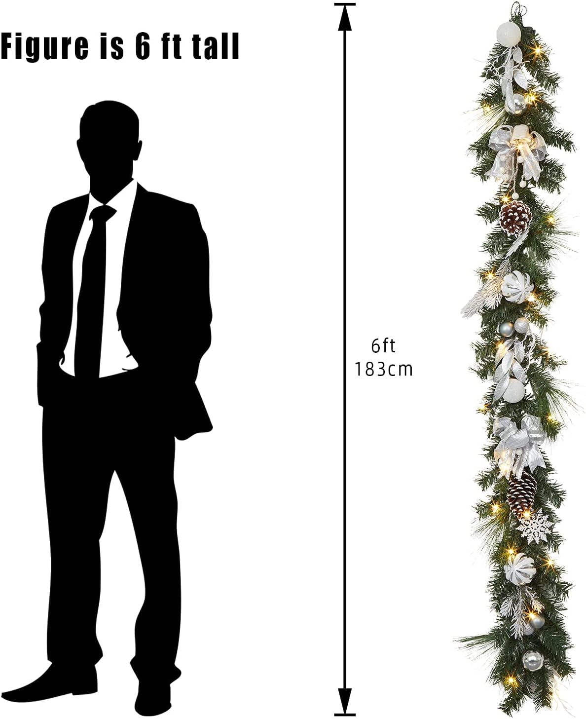 Christmas Garland with Lights, 6 Ft Pre-Lit Silver White Christmas Garland with Ball Ornaments Pine Cones Berries Battery Operated Lights for Indoor Outdoor Fireplace Staircase Decoration