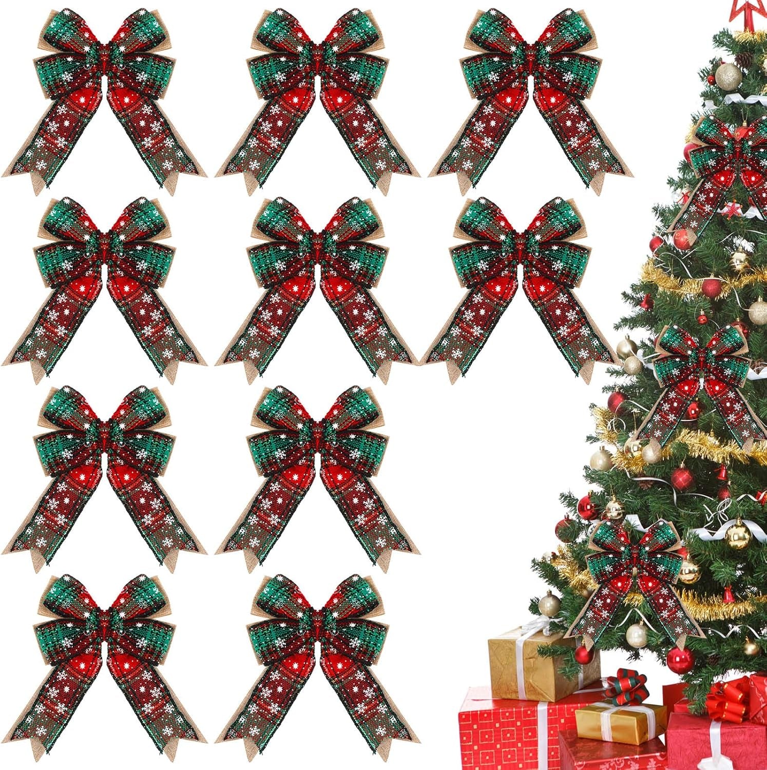 10 Piece 6 Inch Buffalo Plaid Burlap Christmas Wreaths Bows Ornaments for Tree Wreaths Garland - Red Green Snow Plaid