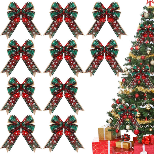 10 Piece 6 Inch Buffalo Plaid Burlap Christmas Wreaths Bows Ornaments for Tree Wreaths Garland - Red Green Snow Plaid