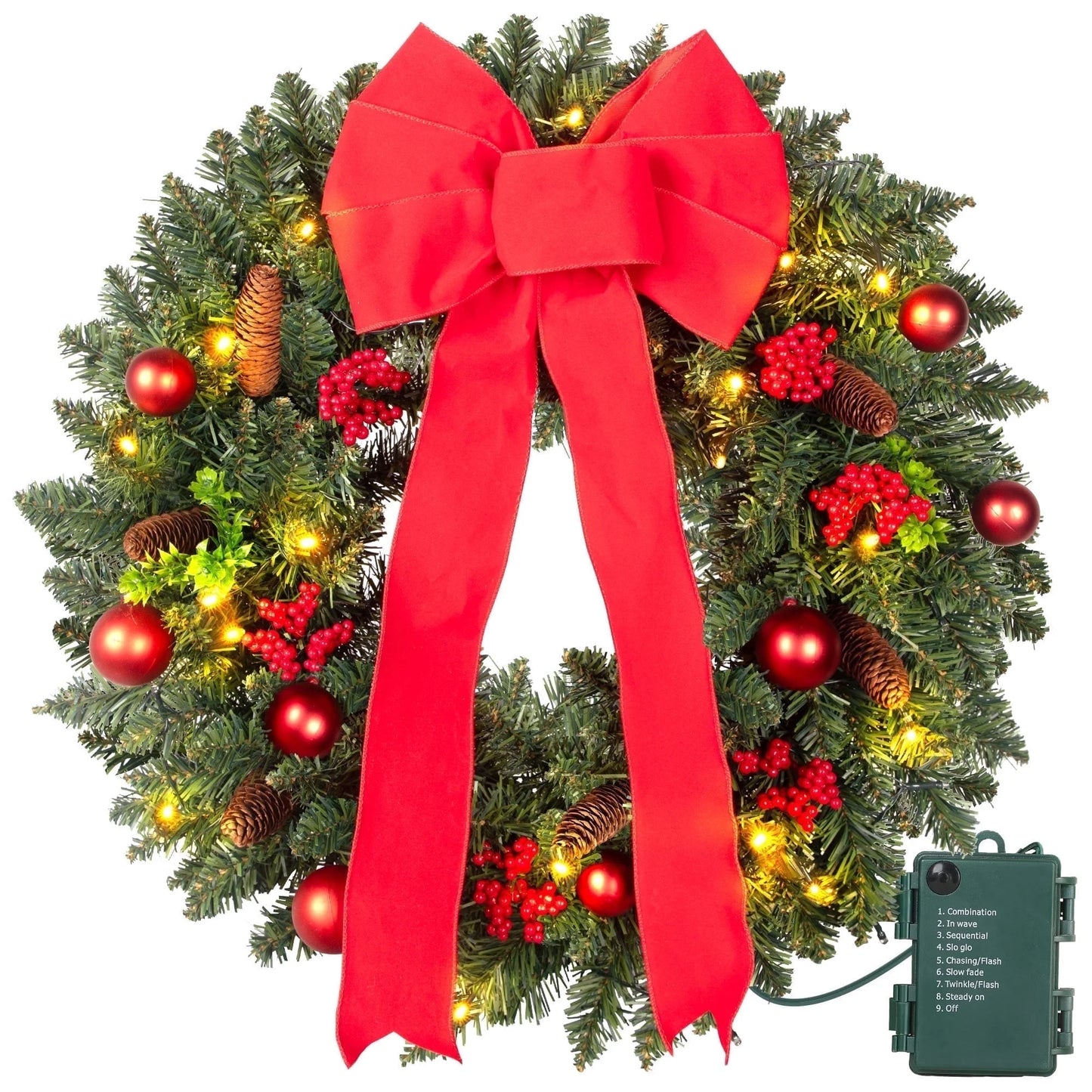 24In Pre-Lit Christmas Wreaths for Front Door, Posrue Indoor Outdoor Christmas Decorations Artificial PVC Wreaths with Lights &Timer, Green