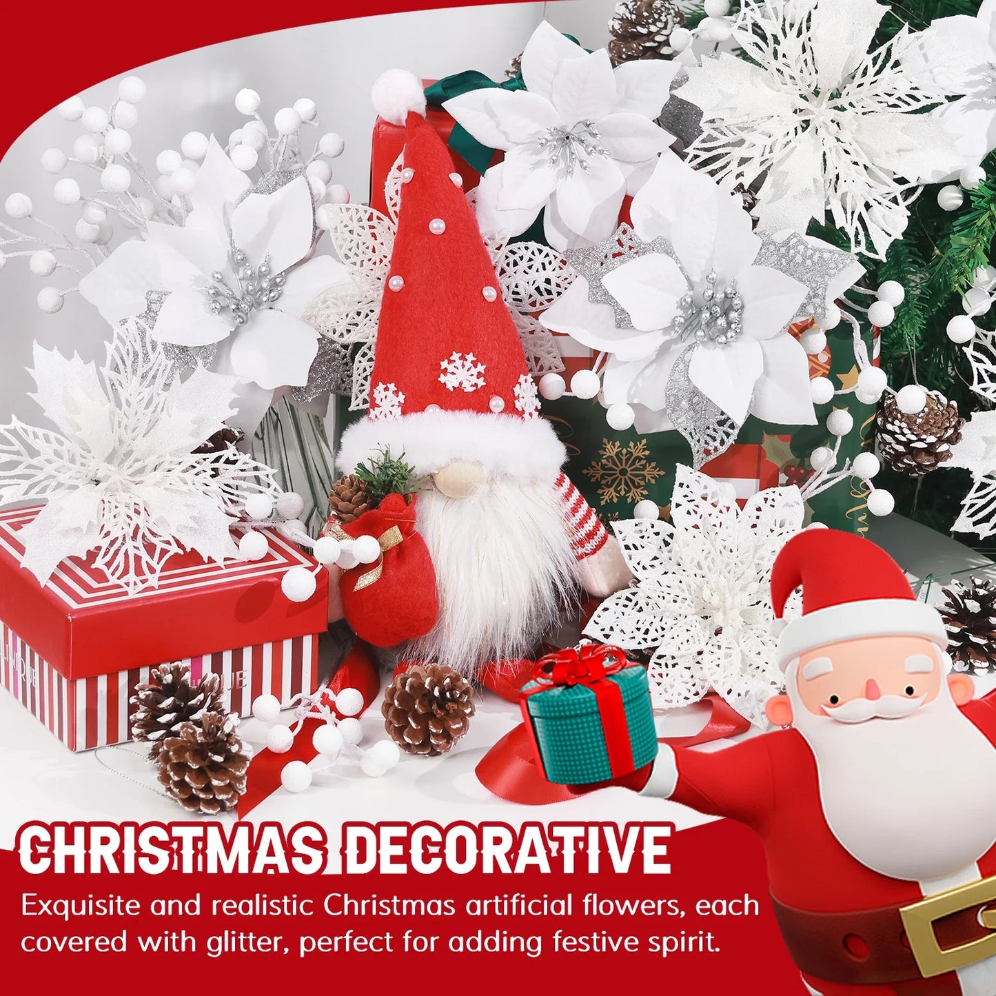 56Pcs Poinsettia Christmas Flowers Decorations Christmas Flower Ornaments White Christmas Flowers Christmas Pine Cones Christmas Tree Ornaments Christmas Tree Decorations