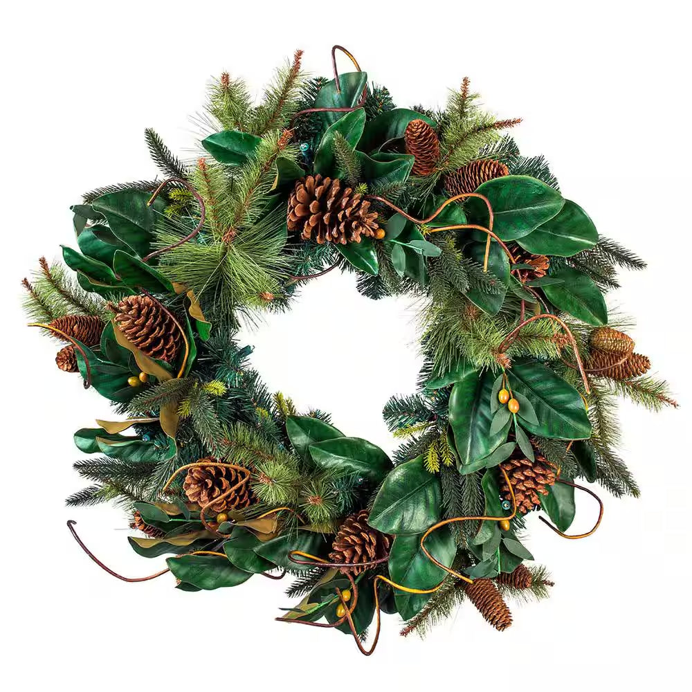 30 In. Artificial Pre-Lit LED Magnolia Leaf Wreath