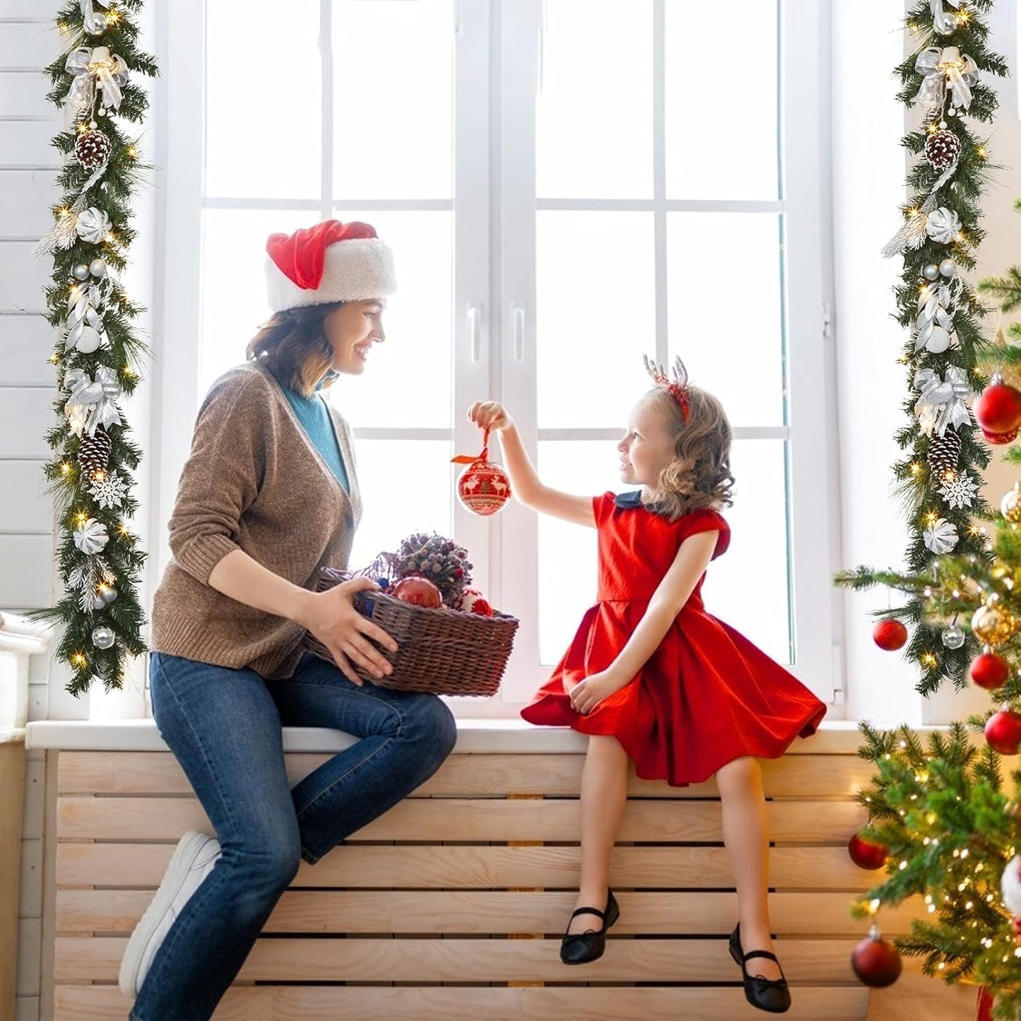 Christmas Garland with Lights, 6 Ft Pre-Lit Silver White Christmas Garland with Ball Ornaments Pine Cones Berries Battery Operated Lights for Indoor Outdoor Fireplace Staircase Decoration